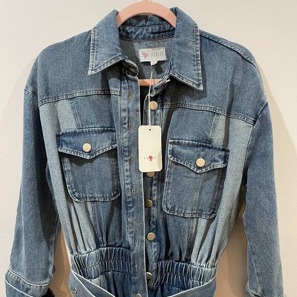 🔥 NWT L'ATISTE by Amy Denim Jumpsuit Boiler Patchwork Belted S Boho Boutique - Picture 1 of 9
